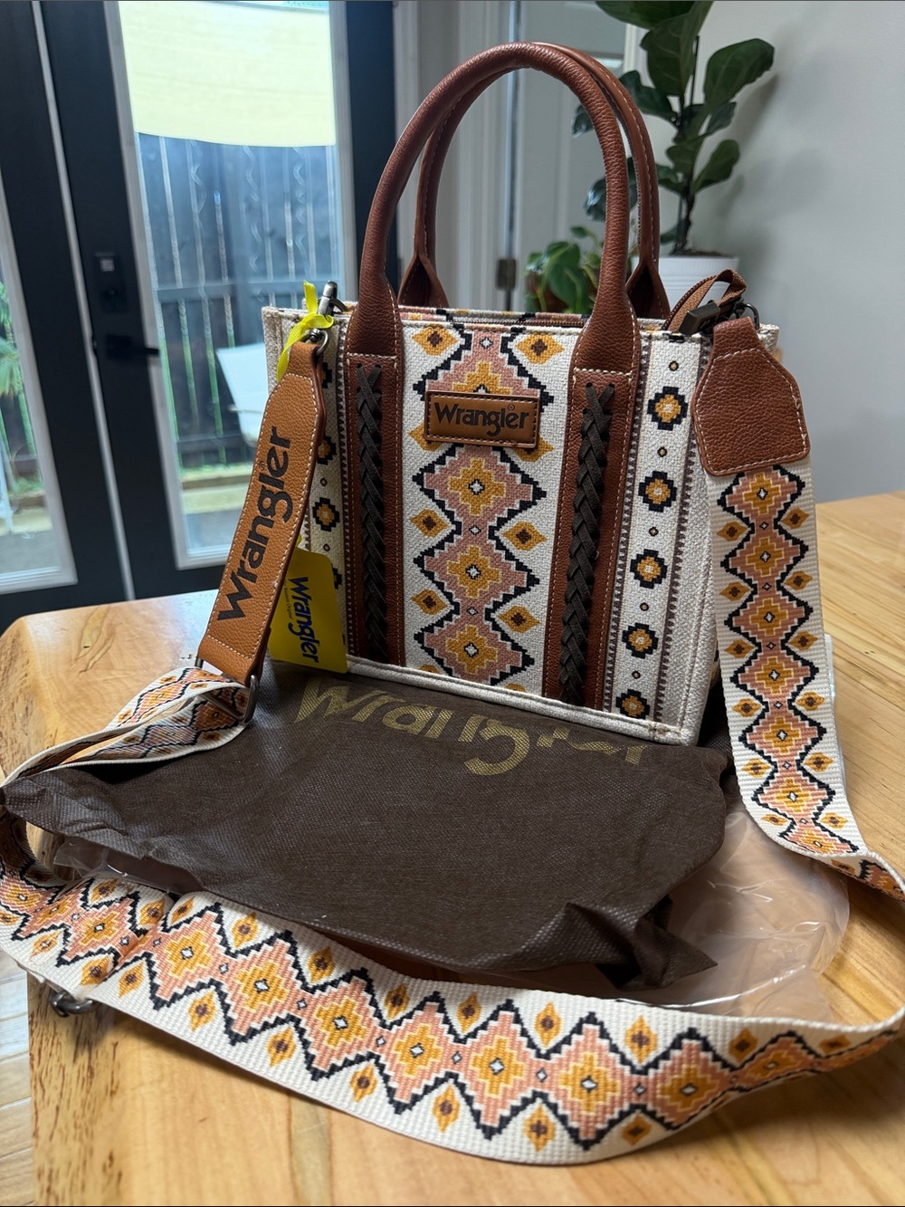 Wrangler Brown, Cream & Yellow Patterned Satchel with Detachable Strap
